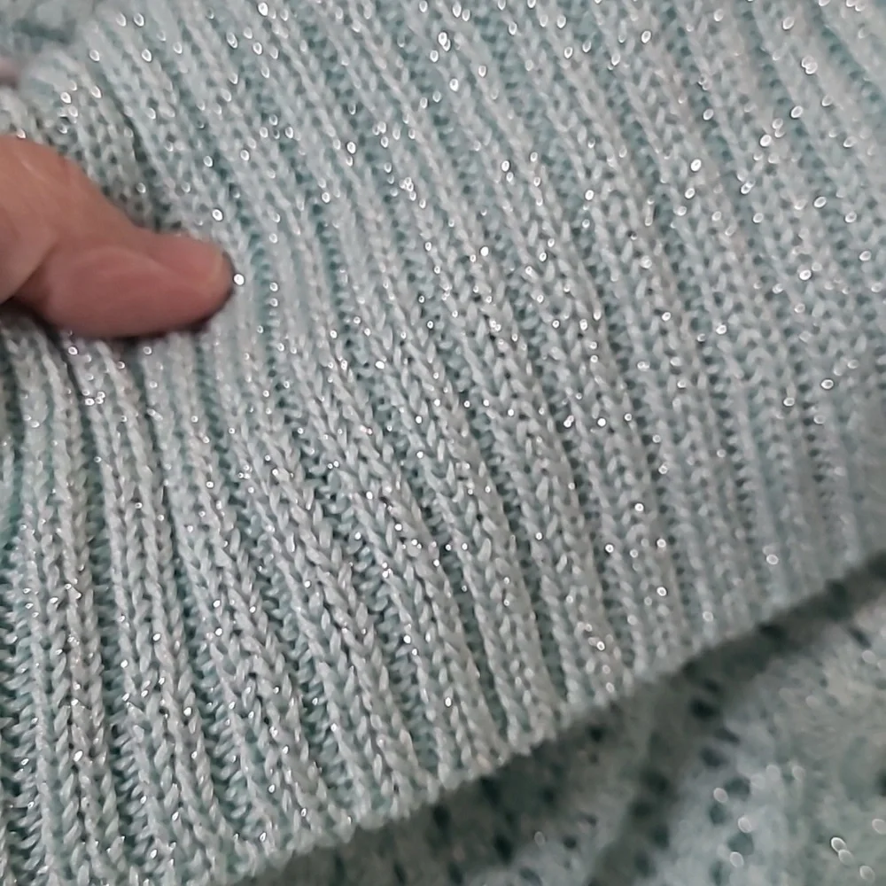 New York & Company Aqua Cowl Neck Sweater with Silver Threading size Large
